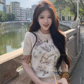 马年小马刺绣针织上衣法式圆领小香风短袖针织衫女26早春新款毛衣