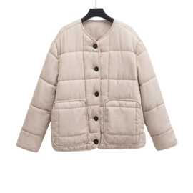 2024早秋新款女装圆领长袖休闲绗缝压格天丝布料棉服外套 4088047