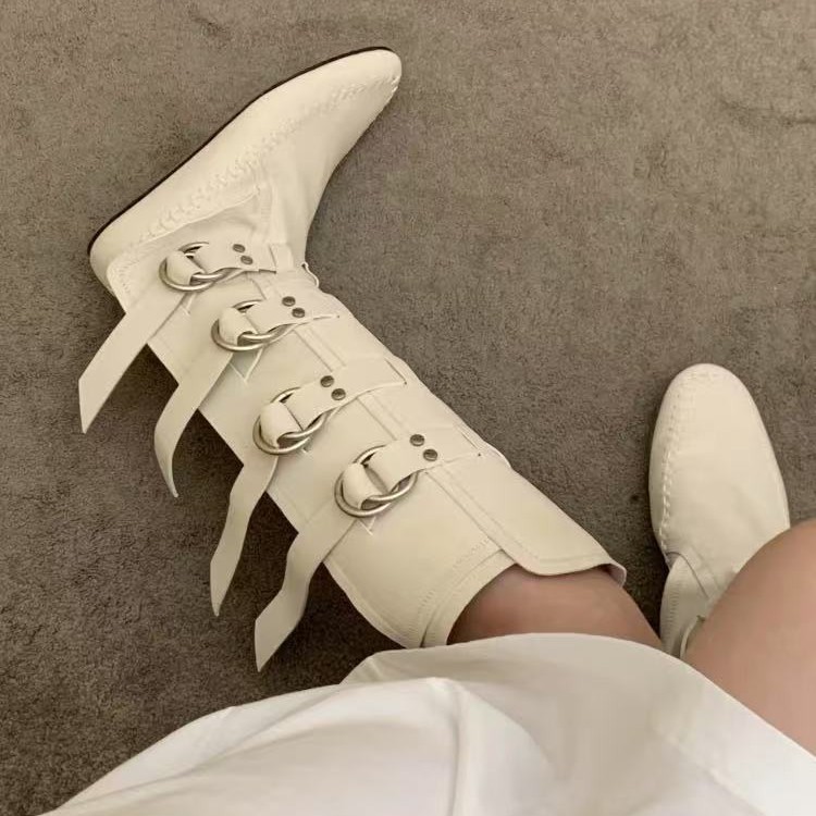 牛皮版~新款复古皮带扣白色拳击靴女真皮显瘦高筒骑士靴西部长靴|undefined
