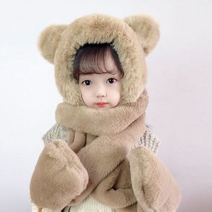 Children's Bear Hat, Winter Scarf and Gloves Three-Piece Set with Velvet and Thickeneding for Boys and Girls, Warm Ear Protection for Parents and Kidsren