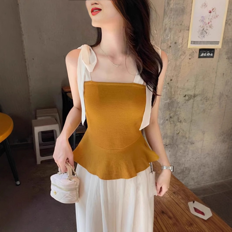 Sweet Style Ruffled Bow Tie Knitted Camisole Women's Summer French Style Beautiful Sleeveless Belly-Covering Top