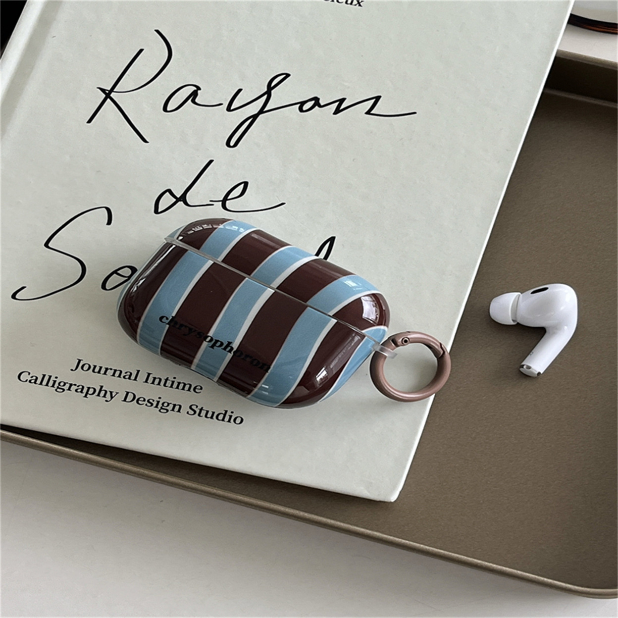 ins藍棕條紋適用蘋果AirPods保護套AirPodsPro耳機2022新無線藍牙