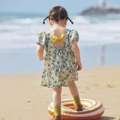 Children's dress 2024 summer new girls dress Korean style floral puffed sleeve back hollow dress
