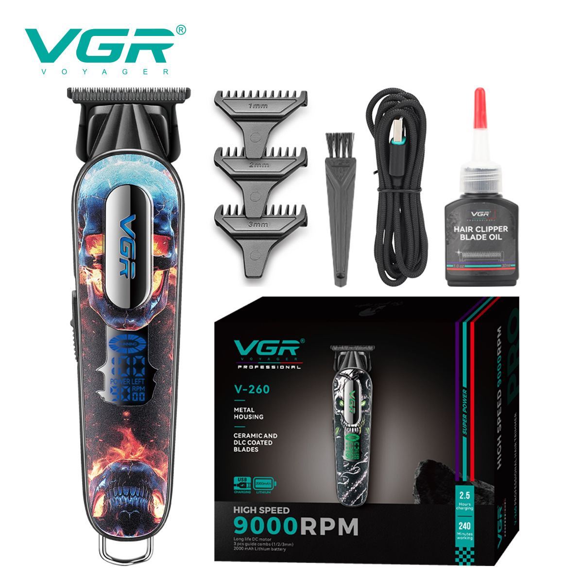 Tondeuse à cheveux électrique professionnelle VGR260, haute vitesse (9000 tr/min), fonction de gravure, affichage numérique, rechargeable_voghion.com