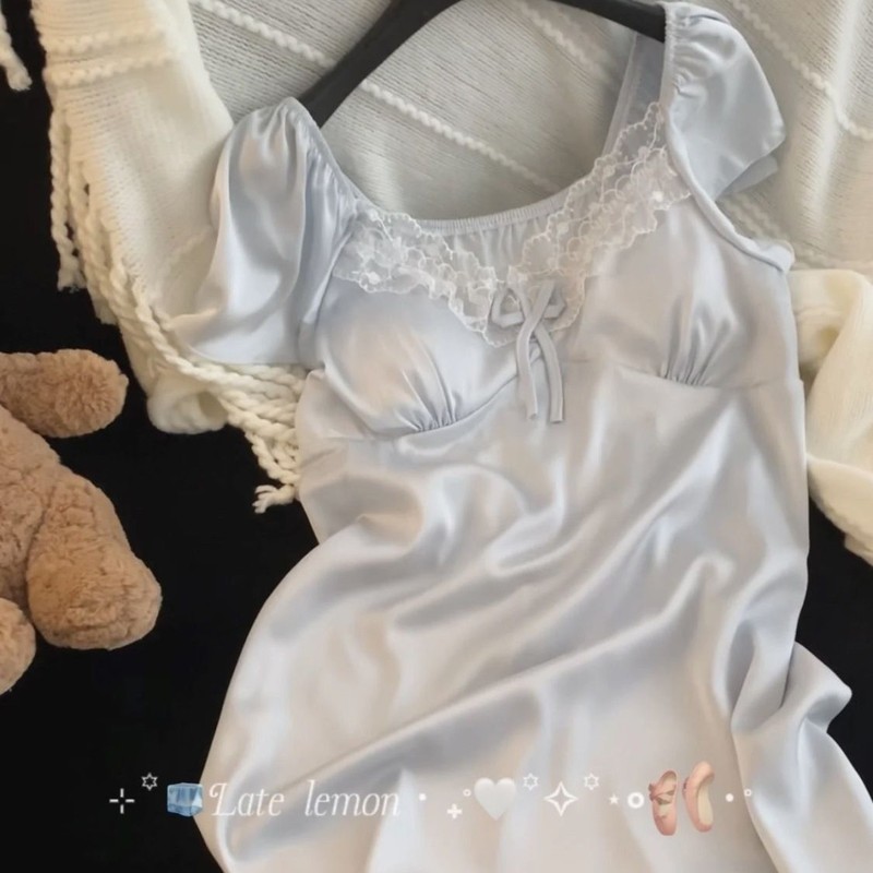 胸パッド付きパジャマ夏の女性の 2025 新しいアイスシルク薄いサスペンダー半袖甘いレースのネグリジェ女性のホーム服|undefined