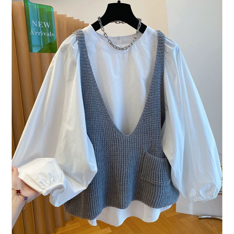 Age-Reducing Knitted Vest and Shirt Two-Piece Set for Women, 2026 New Style, Loose Fit, Layered Wear, Early Spring Vibe Outfit