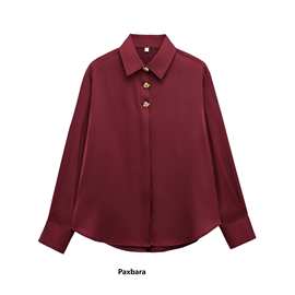 1367REHP 速卖通跨境批发欧美风女装长袖金色排扣饰丝缎质感衬衫