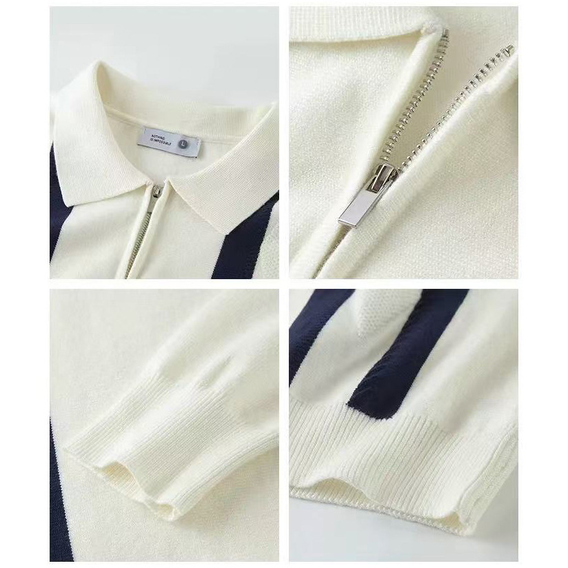 Polo camisa de punto camisa de manga larga suéter hombre solapa media cremallera vieja primavera y otoño rayas fábrica transfronteriza al por mayor