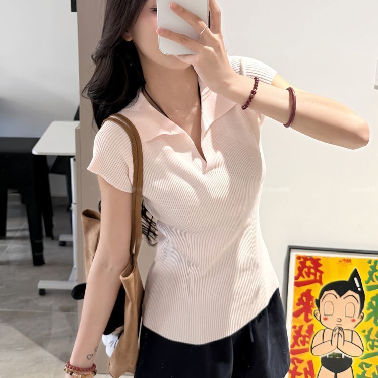 Pink Polo Collar Knitted Short-Sleeved T-Shirt for Women in Summer, Slim Fit and Elegant, Unique and Beautiful Small Flying Sleeve Top Pink Polo Collar Knitted Short-Sleeved T-Shirt for Women in Summer, Slim Fit and Elegant, Unique and Beautiful Small Flying Sleeve Top