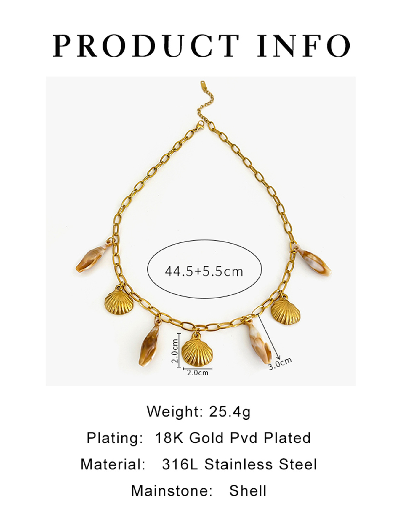 20g Weight Vacuum Plating Gold Plating Process 316L Stainless Steel Pendant Material Shell Inlay Material Charms, Necklace Classification 316L Stainless Steel Chain Material cable chain Chain Type 316L Stainless Steel Vacuum Plating Shell Geometric Ocean Conch Waterproof Non Tarnish Surgical Steel Exaggerated Cable Chain Charms Necklace For Women's