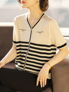 Mom's Short-Sleeved Summer Dress 2025 New Ice Silk Stripesd Two-Piece Set for Middle-Aged and Elderly Women's Fashionable Shirts