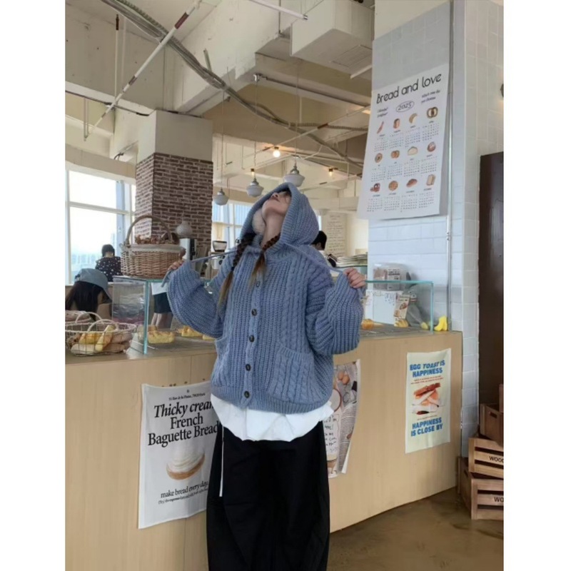 美式小众秋冬设计感针织连帽毛衣慵懒风保暖麻花百搭休闲宽松外套|undefined