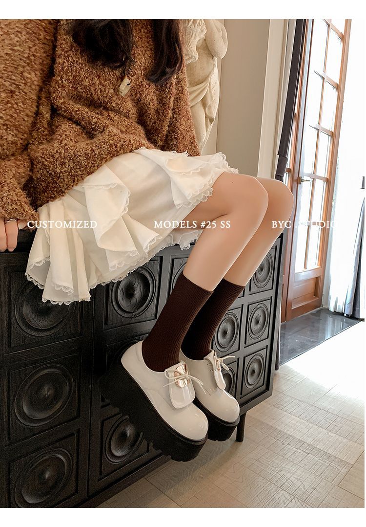 Giày da nữ mũi tròn đế xuồng phong cách Anh nơ buộc — Màu đen, Màu đỏ rượu, Màu trắng chi tiết 13