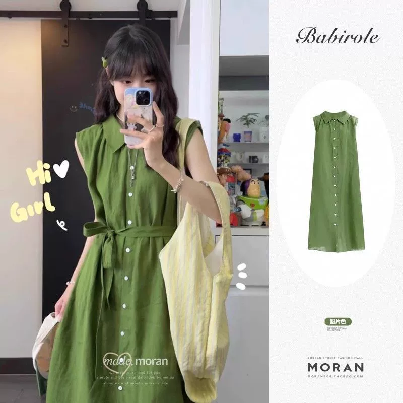 Женское летнее платье-рубашка ретро-зеленого цвета, без рукавов, повседневное, элегантное, стройнящее, с завышенной талией, длинная юбка.