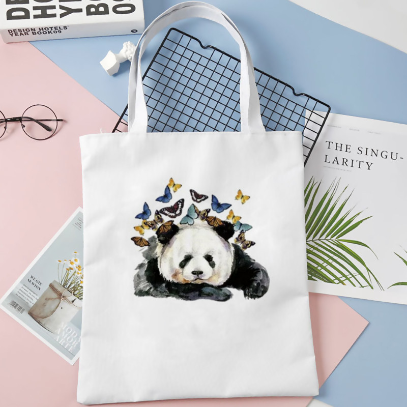 Cute Anime Panda印花帆布包单肩背包学生休闲女式手提购物袋