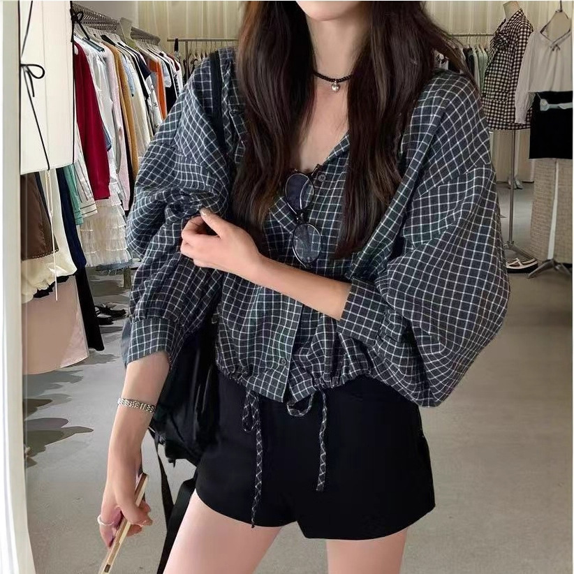 韩版简约慵懒风小清新撞色连帽格纹休闲小衫女秋季外穿开衫外套