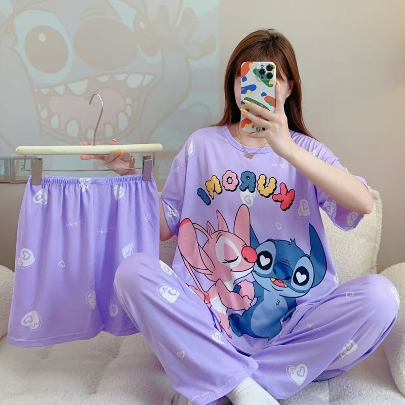 Pijamas de verano transfronterizos pijamas de leche de seda de tres piezas set de dibujos animados comercio exterior ropa para el hogar pantalones de mangas cortas lindos