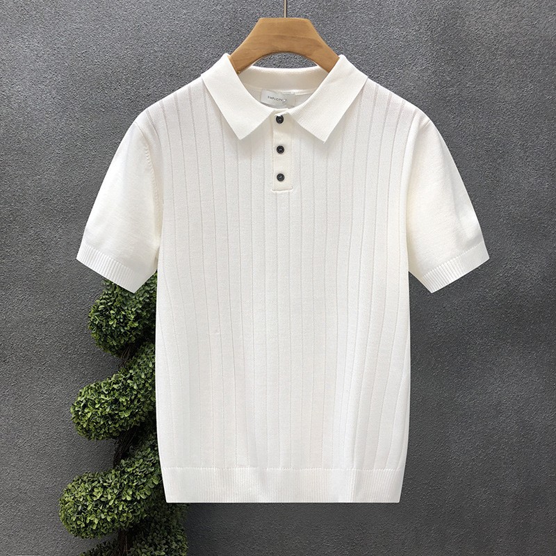 Summer New Style Light Mature Style Short-Sleeved Knitted Polo Shirt for Men Cross-Border Export Business Casual Lapel Stripesd T-Shirt for Men