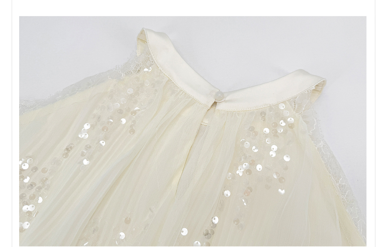 Áo croptop nữ tay ngắn cổ yếm xếp ly đính sequin phối bộ — bộ đồ, nửa váy, Gạo trắng Top chi tiết 17