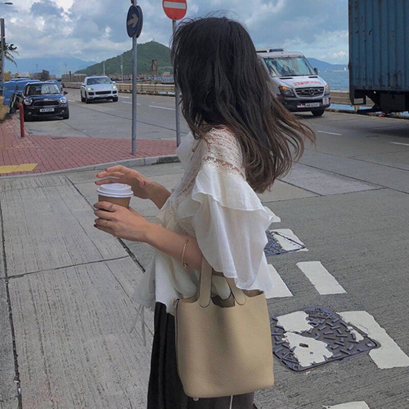 Cream Blouse for Women, Apricot Color, New Short-Sleeve Chiffon, Loose Lace V-Neck with Ruffles