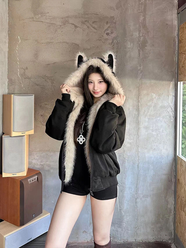 [Cross-Border Foreign Trade Exclusive, Millions in Stock] Zuo Shan Diao Cat Ear Fur Collar Hooded Cotton Jacket for Winter Thickening