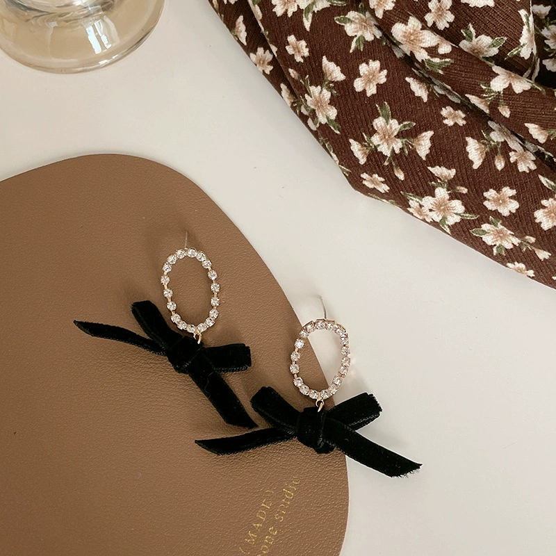 Серебряная игла, черные серьги с бантиком, образец серебра 925, японский и корейский стиль