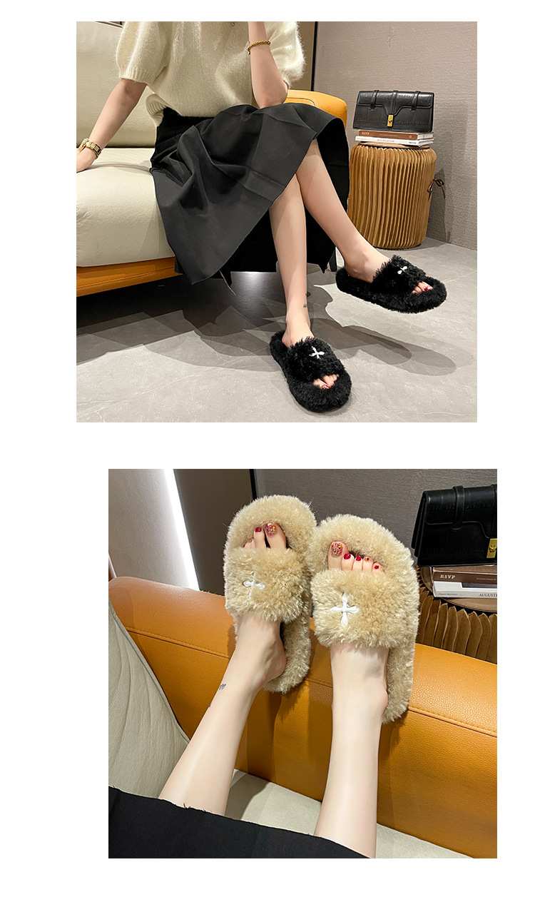 Plush Slippers For Women Comfortable Wool Flat Slip-ons Black_voghion.com