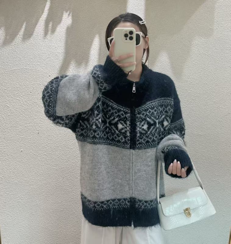 韩系费尔岛针织开衫撞色提花2025秋冬新款软糯宽松百搭毛衣外套女|undefined