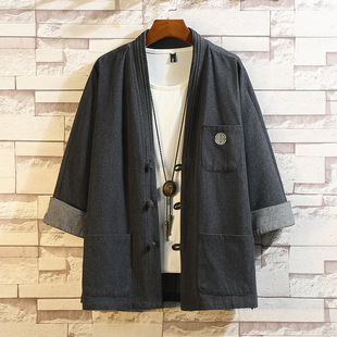Spring and Summer Chinese Style Tang Suit Jacket Denim Jacket Men's Chinese Style Buttoned Hanfu Zen Suit Layman's Suit Taoist Robe