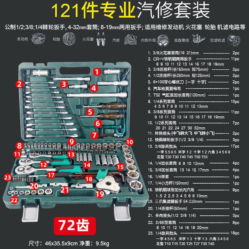 Juego de herramientas de reparación de automóviles de 121 piezas, llave de trinquete, herramientas de reparación de automóviles, kit de reparación a bordo, juego completo.