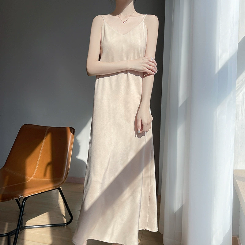 Висячий шелковистый атласный женский V-образный вырез платье весна-лето новый тонкий и дышащий подтяжка длинная юбка прилив