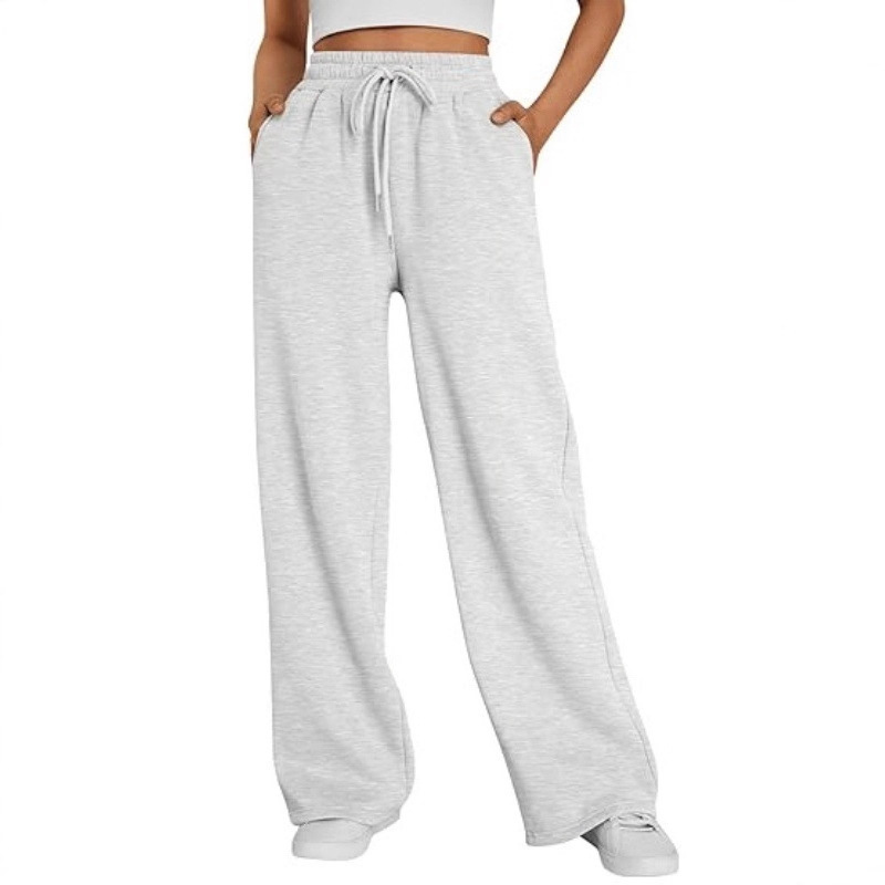 European and American Style Wide-Leg Sports Pants, Fashionable Drawstring Adjustable Jogging Pants, Autumn and Winter Fleece-Lined Solid Color High-Waisted Loose Long Pants
