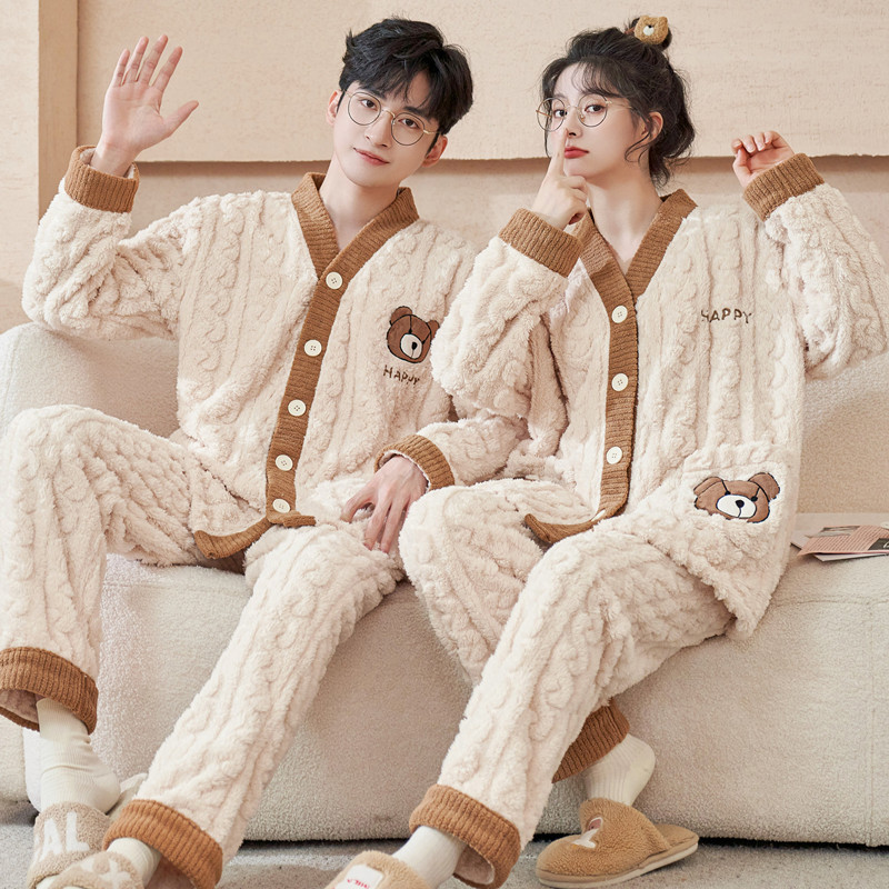 Autumn and Winter Coral Fleece Couple Pajamas Women's Thickened fleece-lined Flannel Winter Cartoon Men's plus size Home Clothes Autumn and Winter Coral Fleece Couple Pajamas Women's Thickened fleece-lined Flannel Winter Cartoon Men's plus size Home Clothes