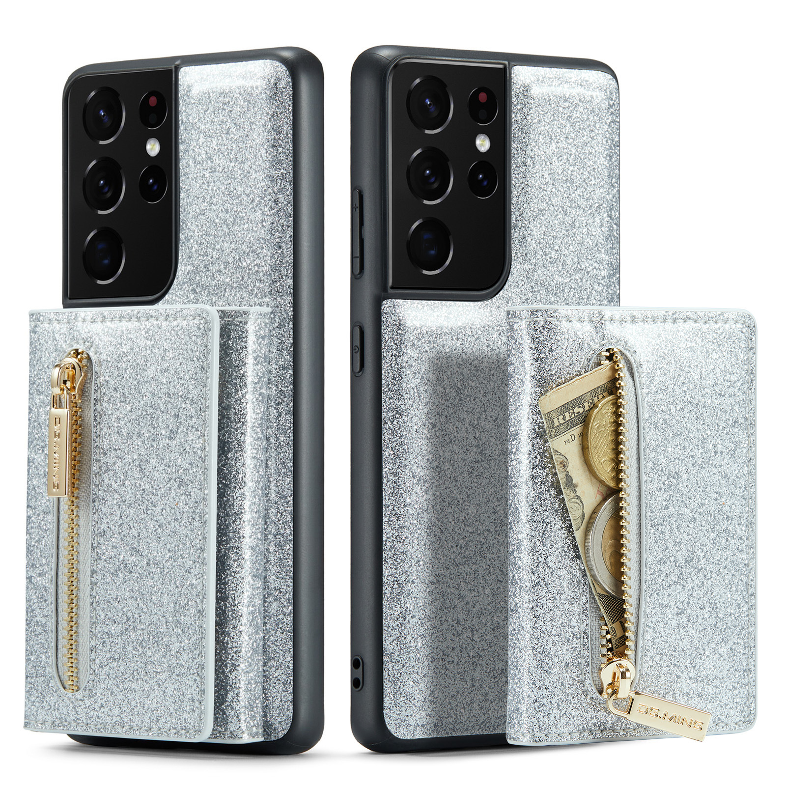 M3 per Samsung S21 Ultra 2 in 1 custodia in pelle glitterata con ventosa magnetica custodia per telefono diviso custodia protettiva portafoglio S21_voghion.com