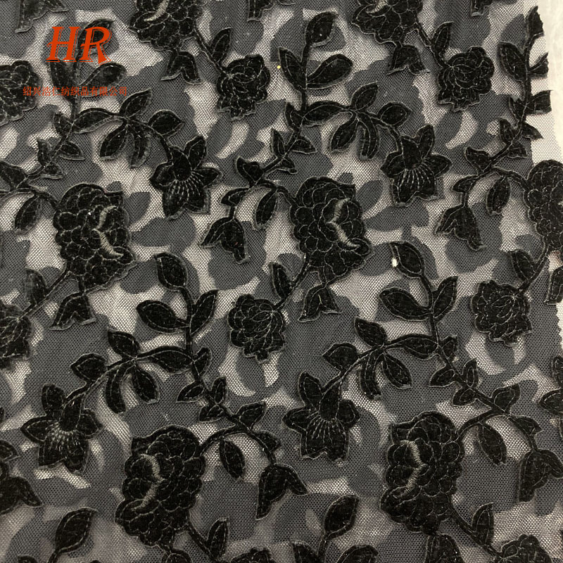 激光绣花黑色花朵 网布蕾丝订花绣花布料 女装童装连衣裙礼服面料