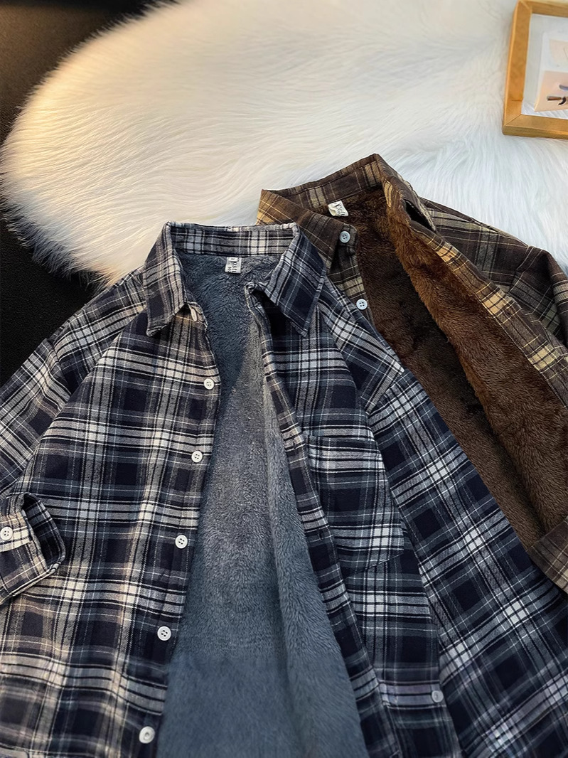 秋冬のベルベットの厚い格子シャツ男性長袖日系レトロなファッションブランドのヴィンテージのゆるいカジュアルコート