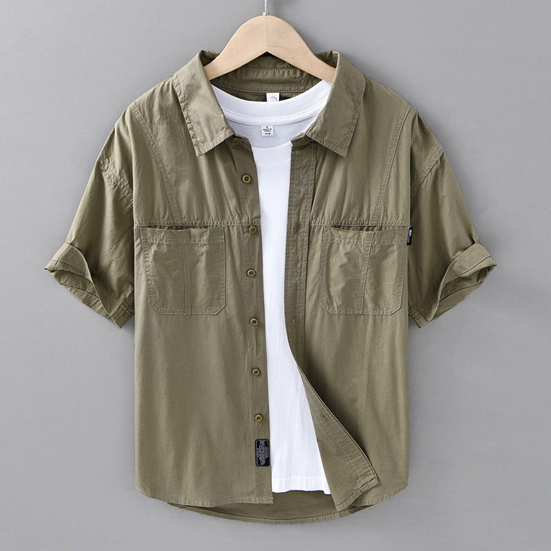 Summer Versatile Short-Sleeve Shirt Men's Jacket Loose Japanese Workwear Drop Shoulder Double Pocket Casual Youth Top 303