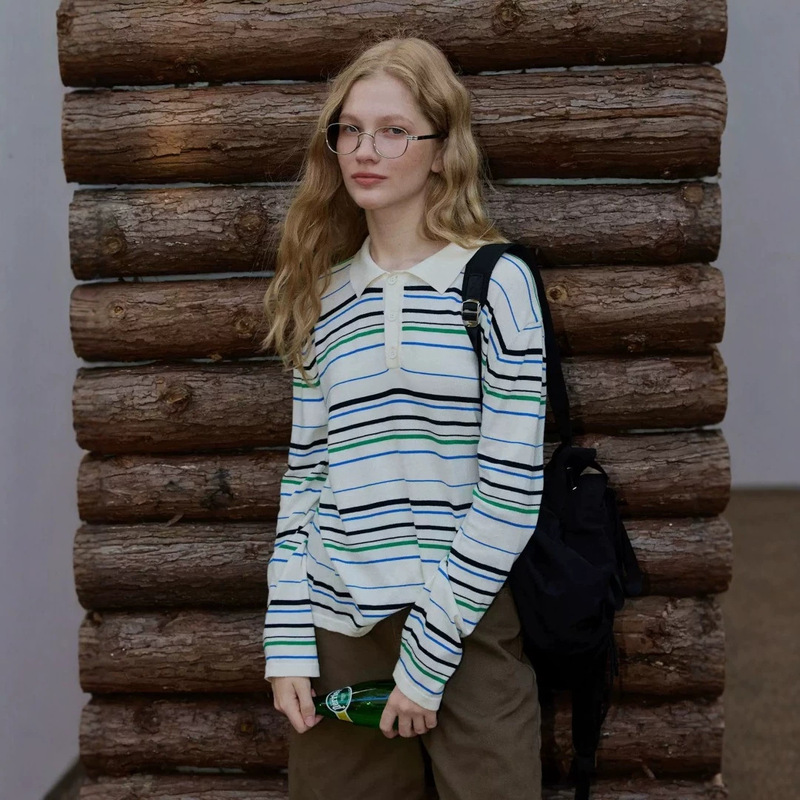 [Breathable] Pure cotton color-block striped polo collar long-sleeve women's casual knit top for early autumn
