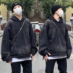 Washed Retro Denim Hooded Loose Sweatshirt Jacket Trendy Hooded Jacket for Men and Women High Street Loose and Handsome Jacket