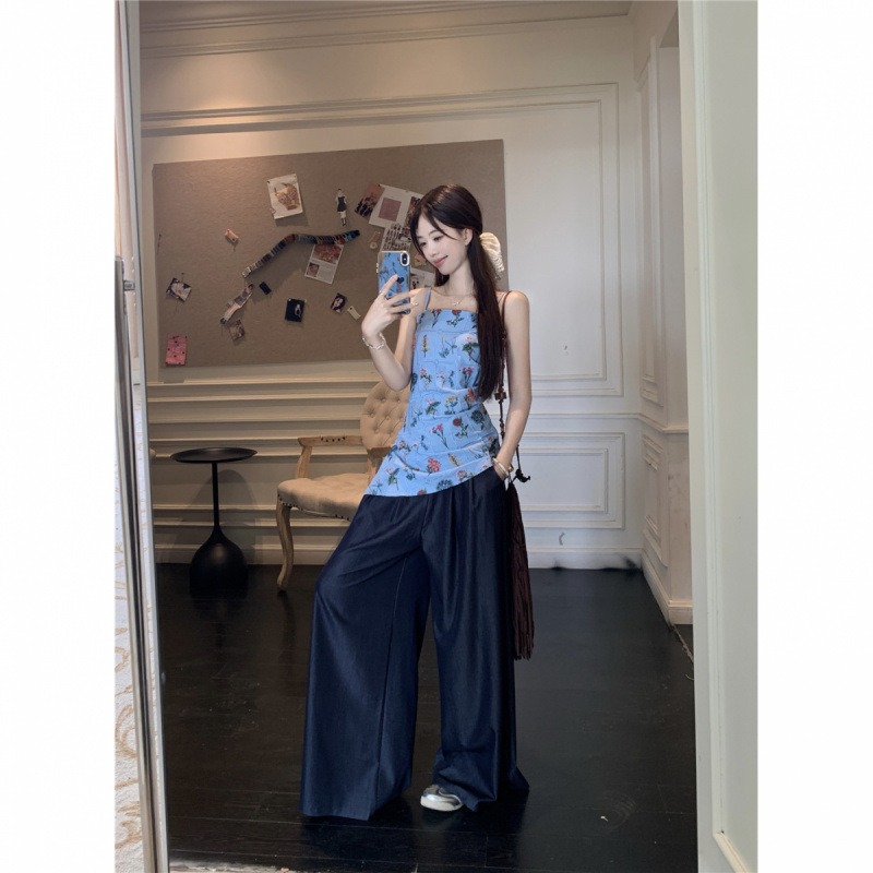 复古设计感套装女夏季2025新款花朵刺绣吊带背心阔腿休闲裤两件套|undefined