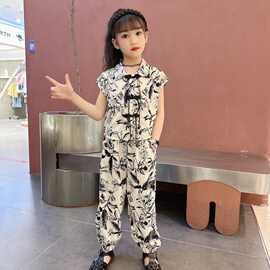 2025夏季新款民族风女孩洋气水墨画短袖长裤时尚薄款冰丝两件套潮