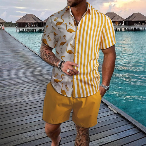 New Amazon Independent Station Trendy 3D Print Hawaii Cross-border Shirt and Shorts Set for Men