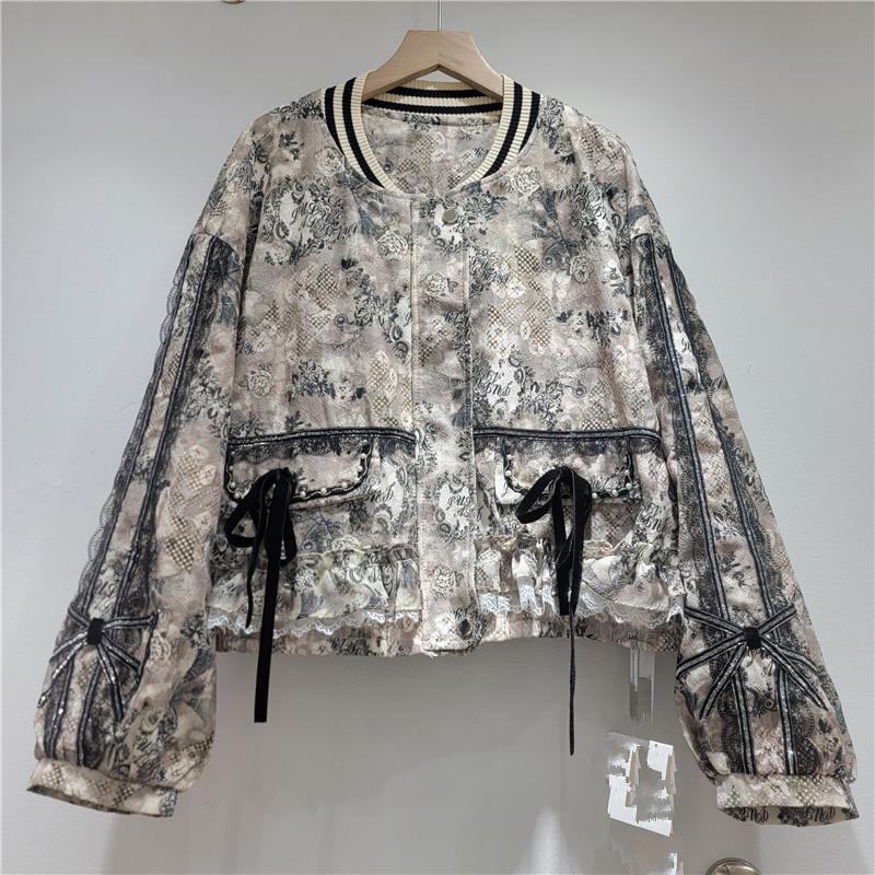 French-style vintage ink floral baseball jacket for women with lace trim, velvet bow, striped collar, and loose fit short jacket French-style vintage ink floral baseball jacket for women with lace trim, velvet bow, striped collar, and loose fit short jacket