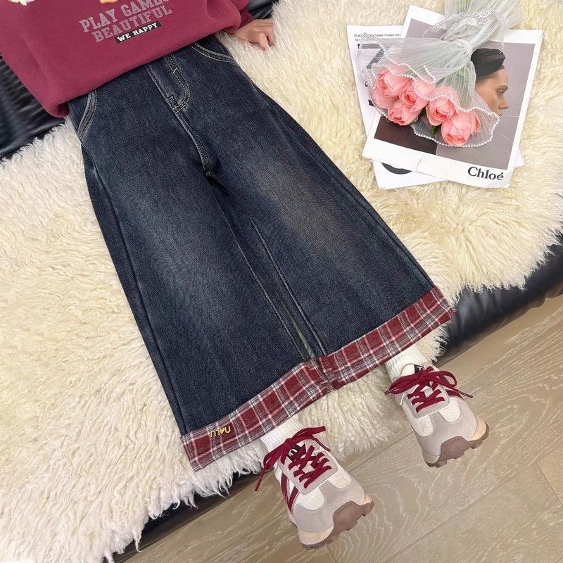 Pantalones de niñas de primavera pantalones jeans de cuadros rojos suaves nuevos niños primavera y otoño delgados bebé pantalones de piernas anchas