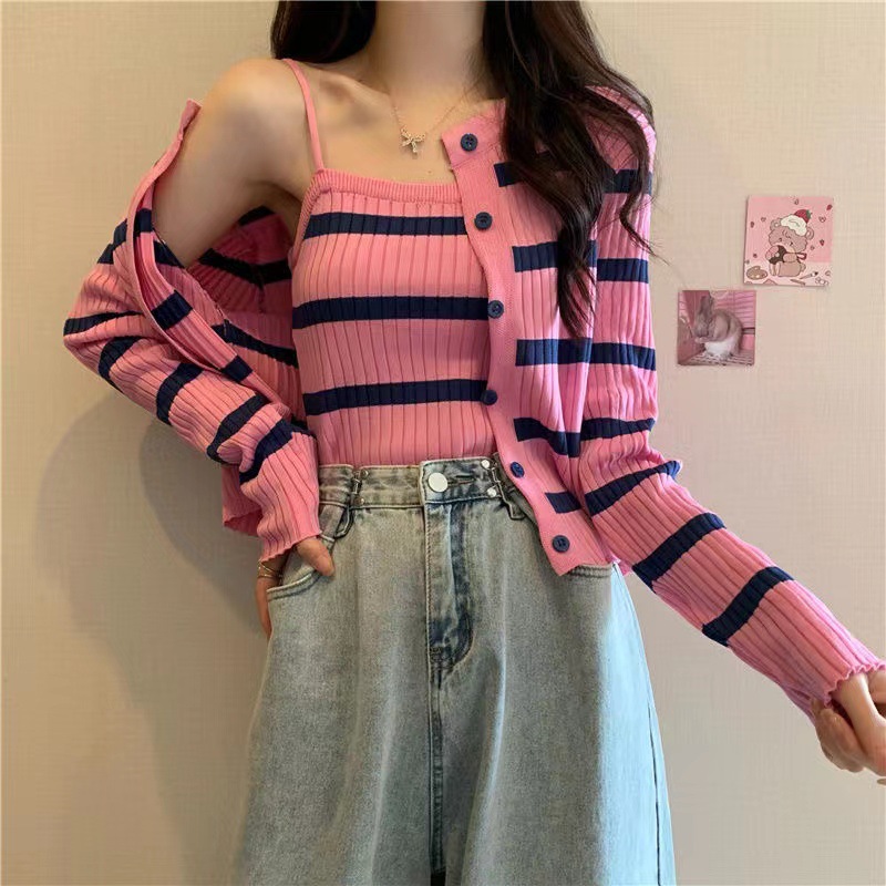 81g Weight Long Sleeve Sleeve Length Single Breasted Placket Type Ice Silk, Polyester Fabric Type Short Top Length Knitwear Tops Type Daily Occasion Round Neck Neckline Slim Fit Type Stripe Pattern Spring, Autumn Season Women's Gender Casual Style Wholesale Women's Ice Silk Polyester Casual Stripe Long Sleeve Sweaters & Cardigans 23