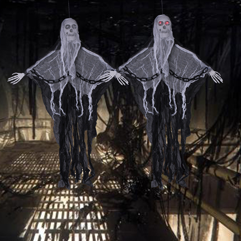 Decoración transfronteriza de Halloween, fantasma colgante, cadena de hierro, fantasma colgante, control de voz luminoso, esqueleto, fantasma colgante, decoración de terror, juguete complicado