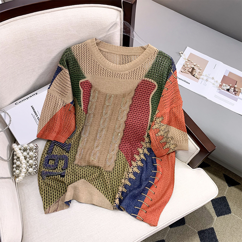 High-grade Heavy Industry Hot Drilling Knitted Base Shirt Internet Celebrity Hot Summer New Loose plus size Printing All-match T-shirt Top High-grade Heavy Industry Hot Drilling Knitted Base Shirt Internet Celebrity Hot Summer New Loose plus size Printing All-match T-shirt Top