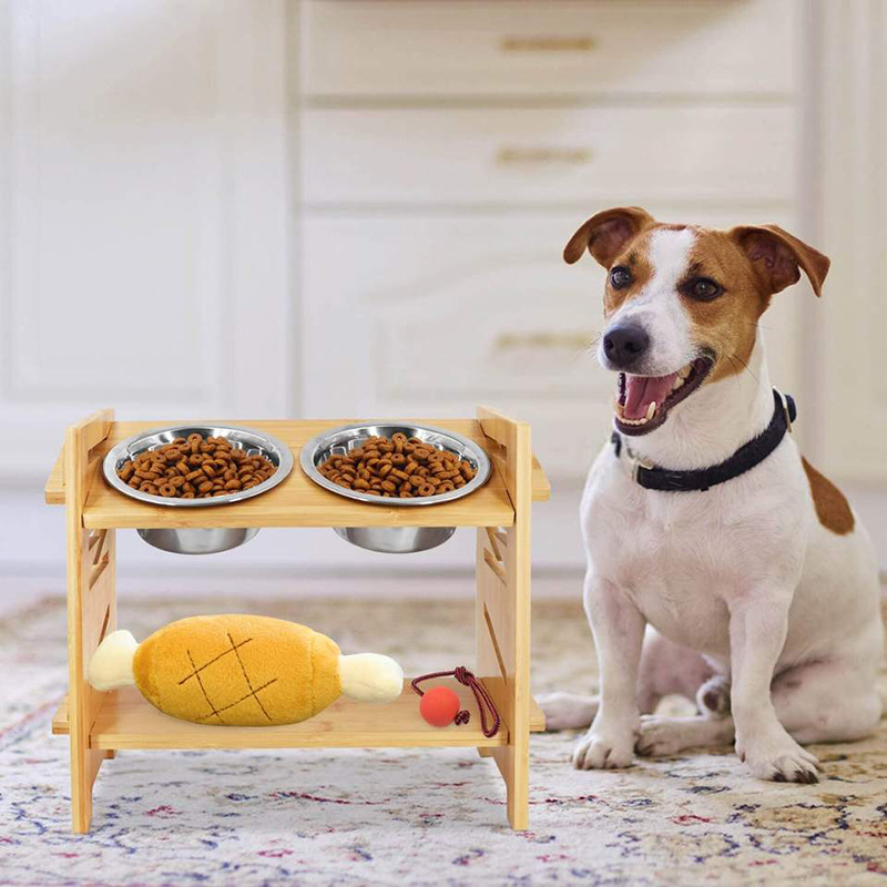 Bambú perro tazón rack mediano y grande perro comer y beber soporte perro alimentador mesa de alimentación para mascotas