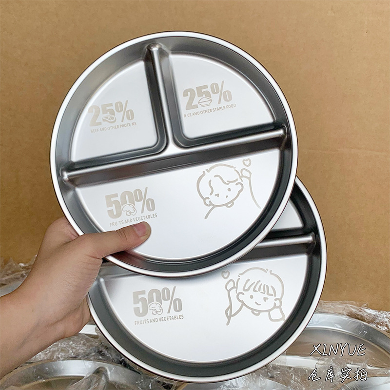 Compartmented Dinner Plate, Food-Grade Stainless Steel Three-Compartment Fat-Reducing Plate, Student Dormitory Compartmented Lunch Box, Special and Durable for Rice