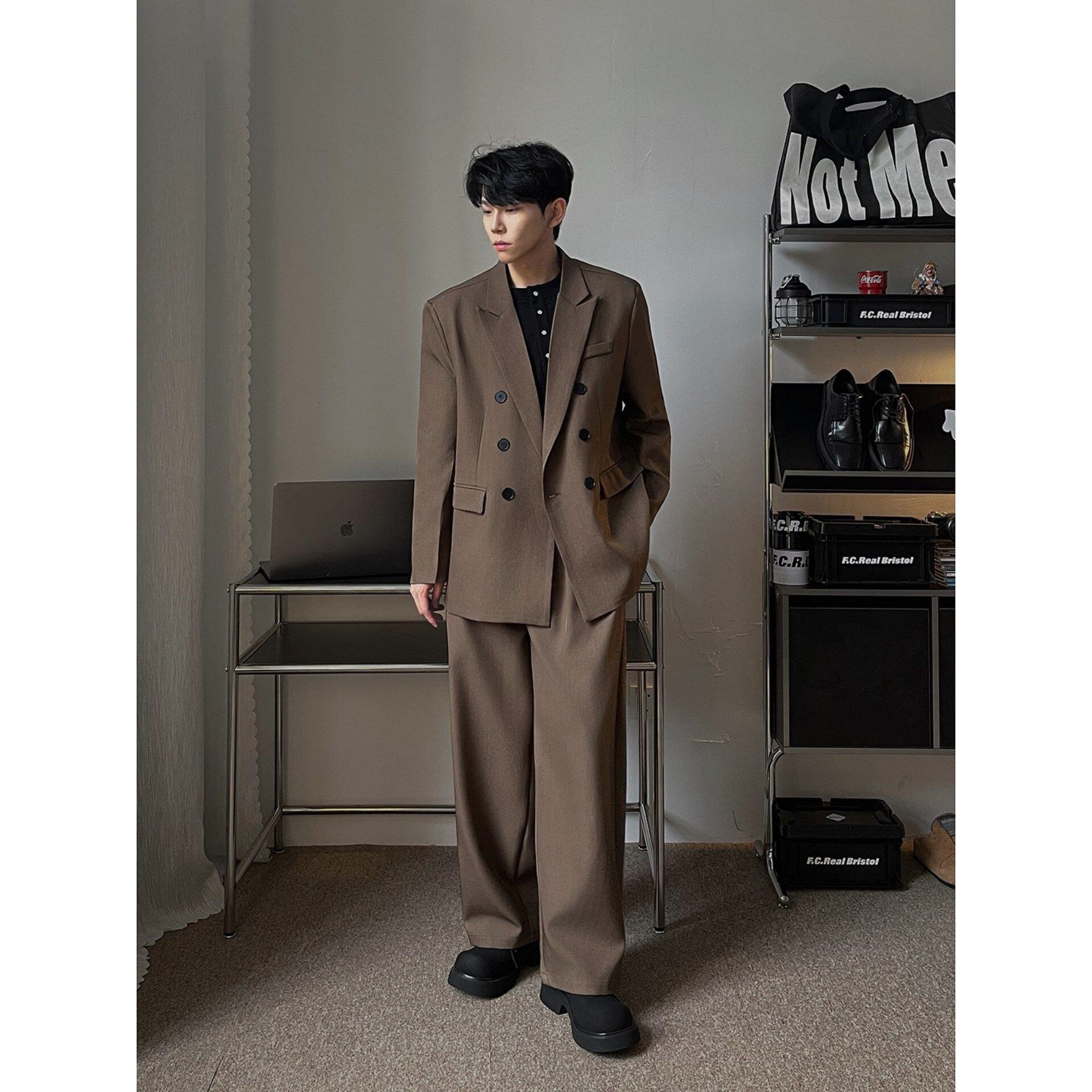 dk两件套西服套装男老钱风小宽松春秋戗驳领潮西服感痞帅西裤